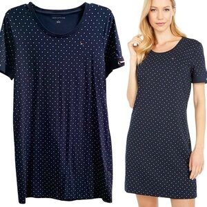 Tommy Hilfiger Navy Polka Dot Shirt Dress Short Sleeve Falls Above Knee Size PL